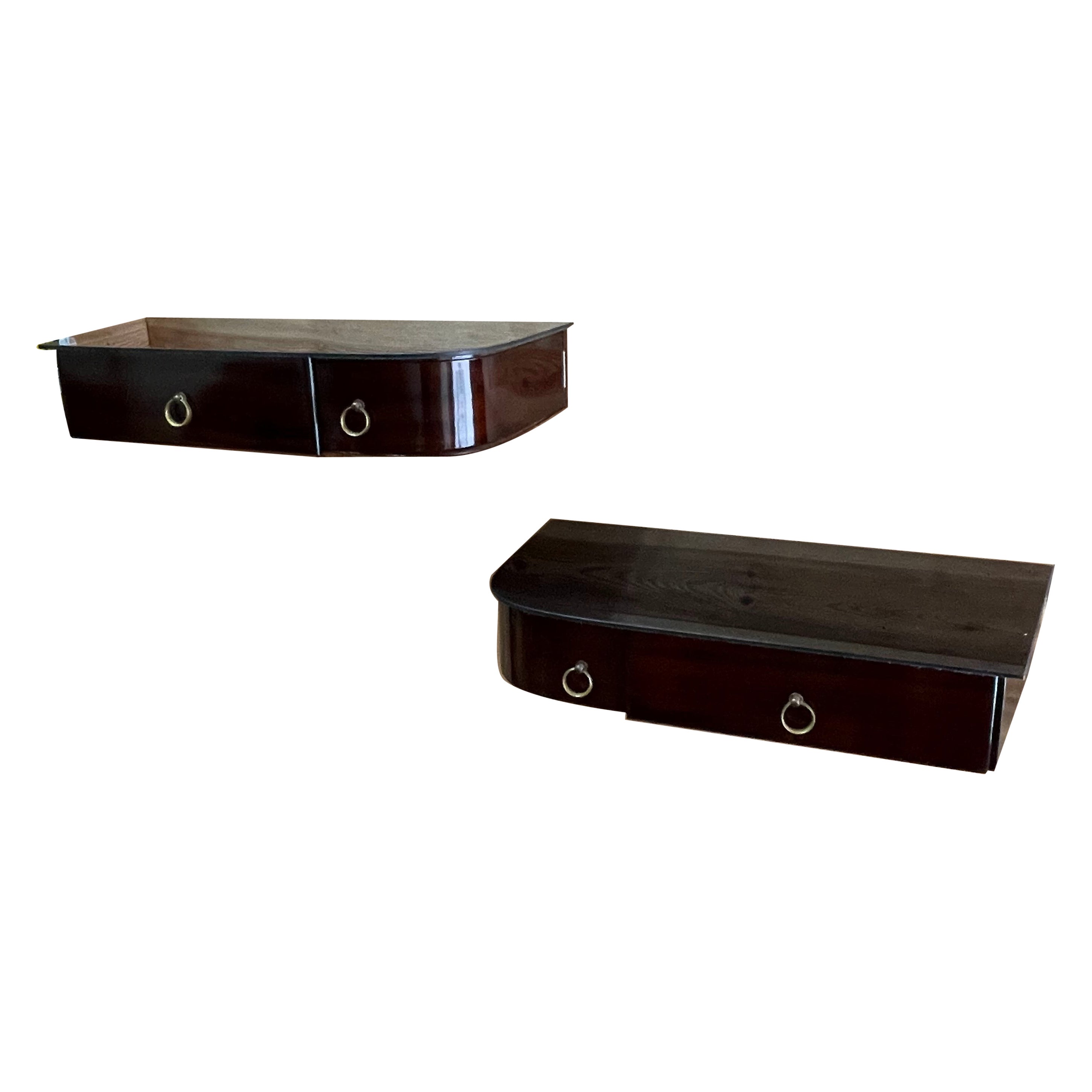 Set of 2 hanging nightstands with black glass shelf For Sale