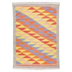 Vintage Multicolor Vinatge Cotton Durrie Wool Rug with Geometric Motif