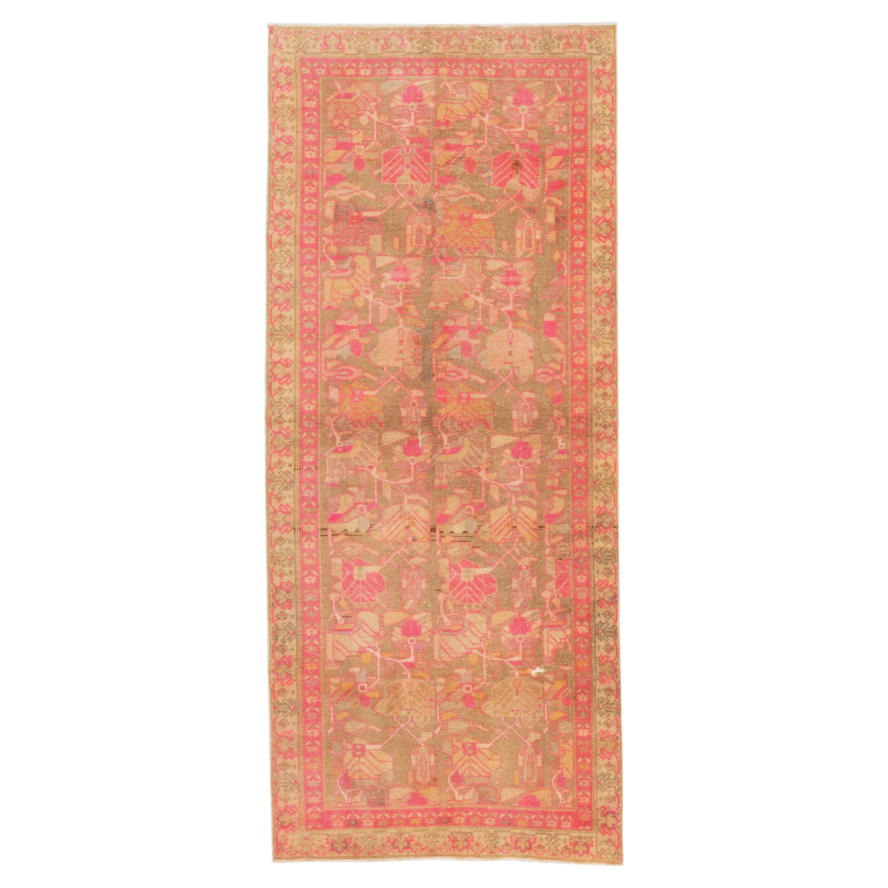 Handmade Vintage Persian Malayer Allover Wool Rug with Brown & Pink Field