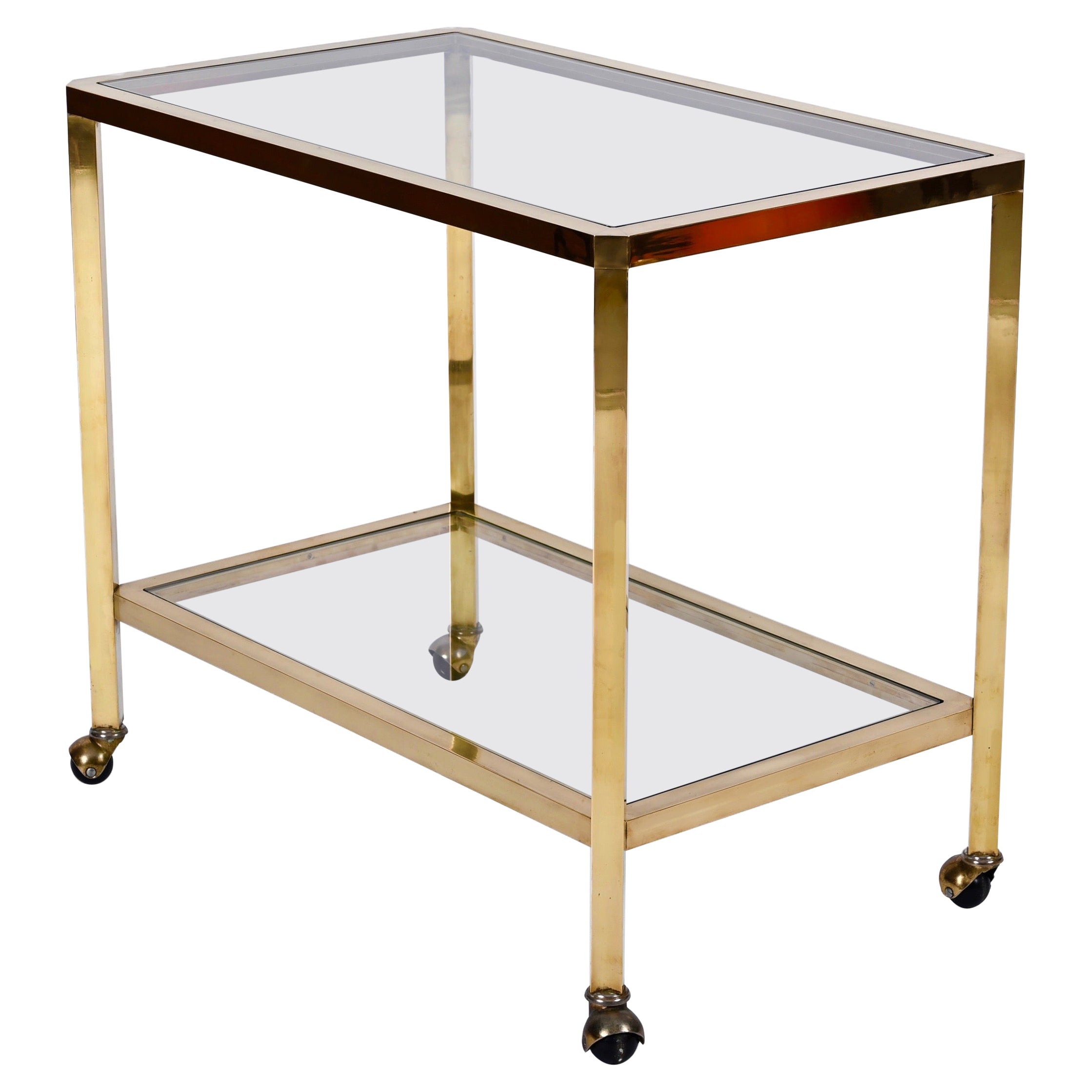 Midcentury Two Levels Glass and Brass Italian Service Bar Cart, 1970s For Sale