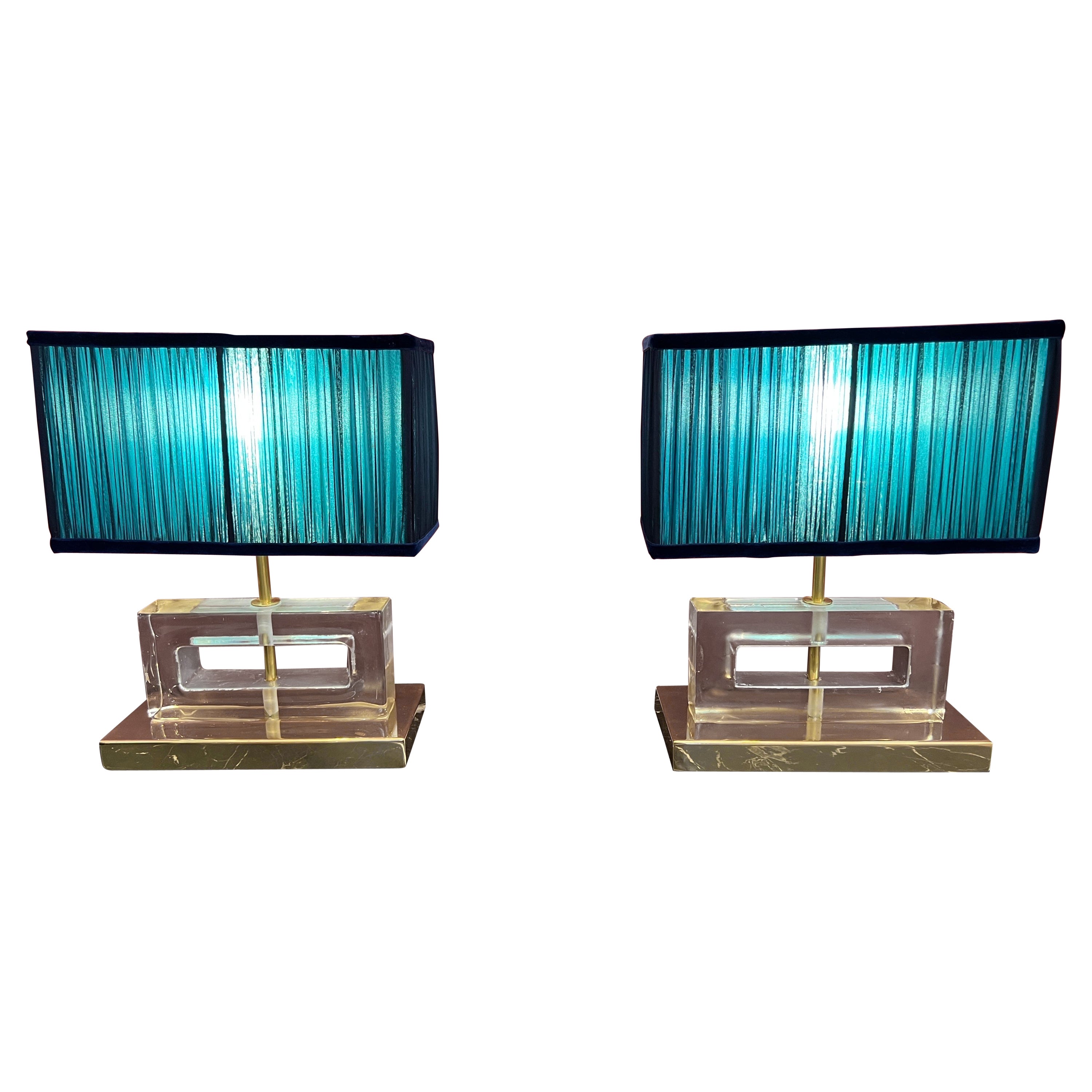 Clear Murano Glass Blocks Lamps Ice Effect with Our Blue Lampshades, 1970s