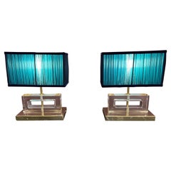 Vintage Clear Murano Glass Blocks Lamps Ice Effect with Our Blue Lampshades, 1970s