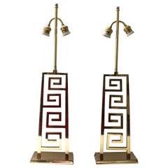 Antique Pair of Bronze Art Deco Lamps with Greek Key Motif