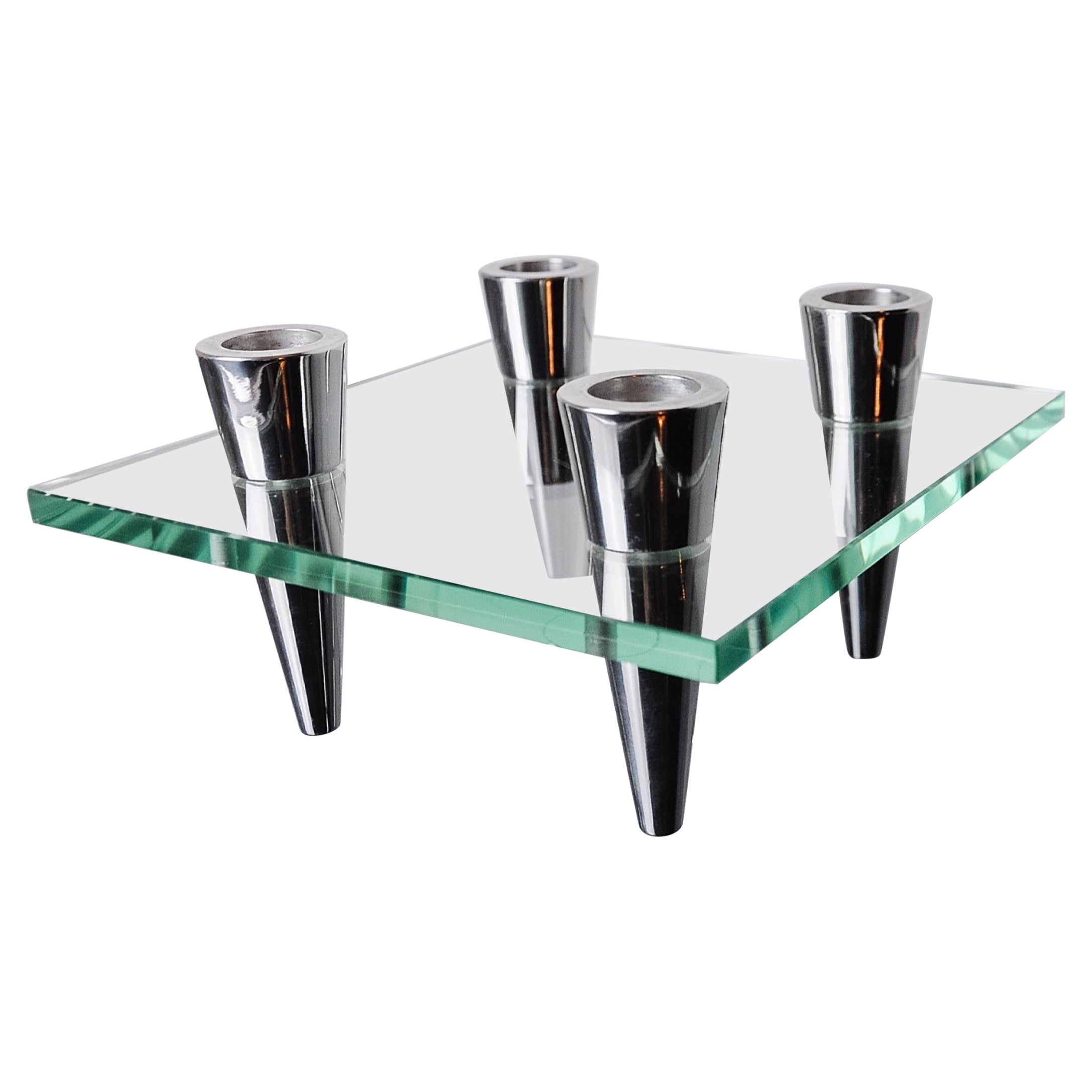 Candelabro cuadrado de cristal, 4 llamas, Dinamarca, 1970
