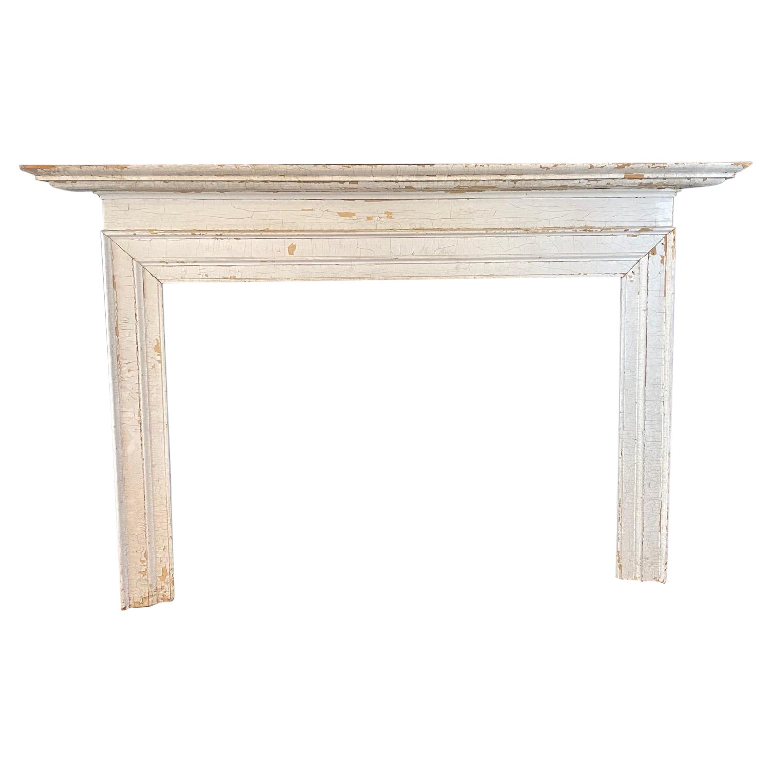 Painted White Distressed Antique Fireplace Mantel with Detailed Mouldings