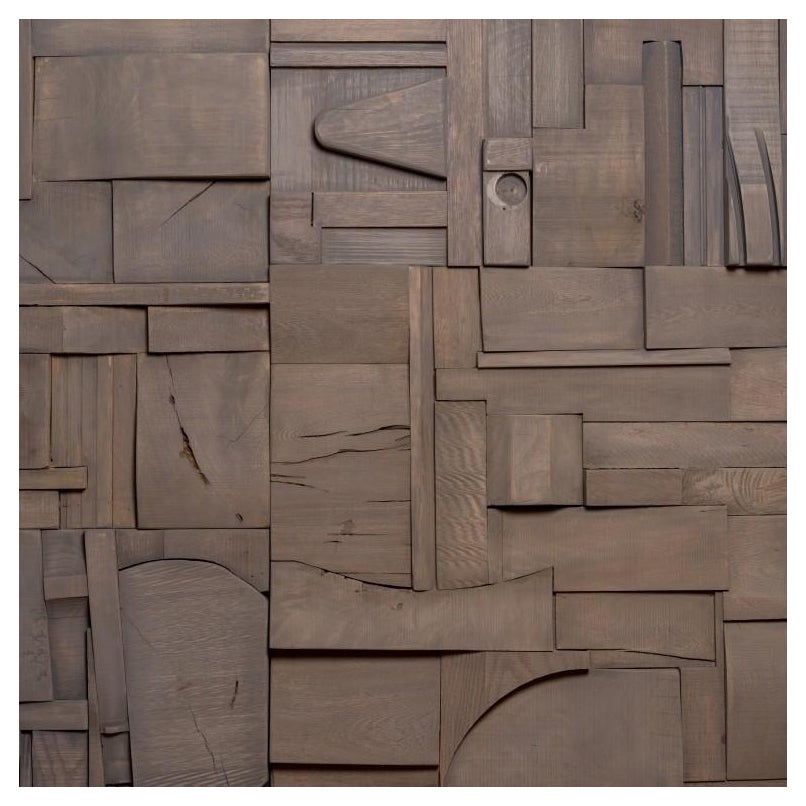 Graues brutalistisches skulpturales Collage-Kunstwerk, Wandbild aus Upcyceltem Holz