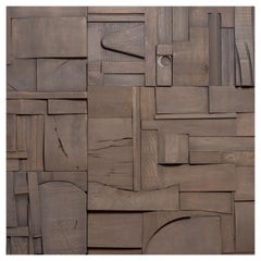 Grey Brutalist Sculptural Collage Artwork, Mural from Upcycled Wood