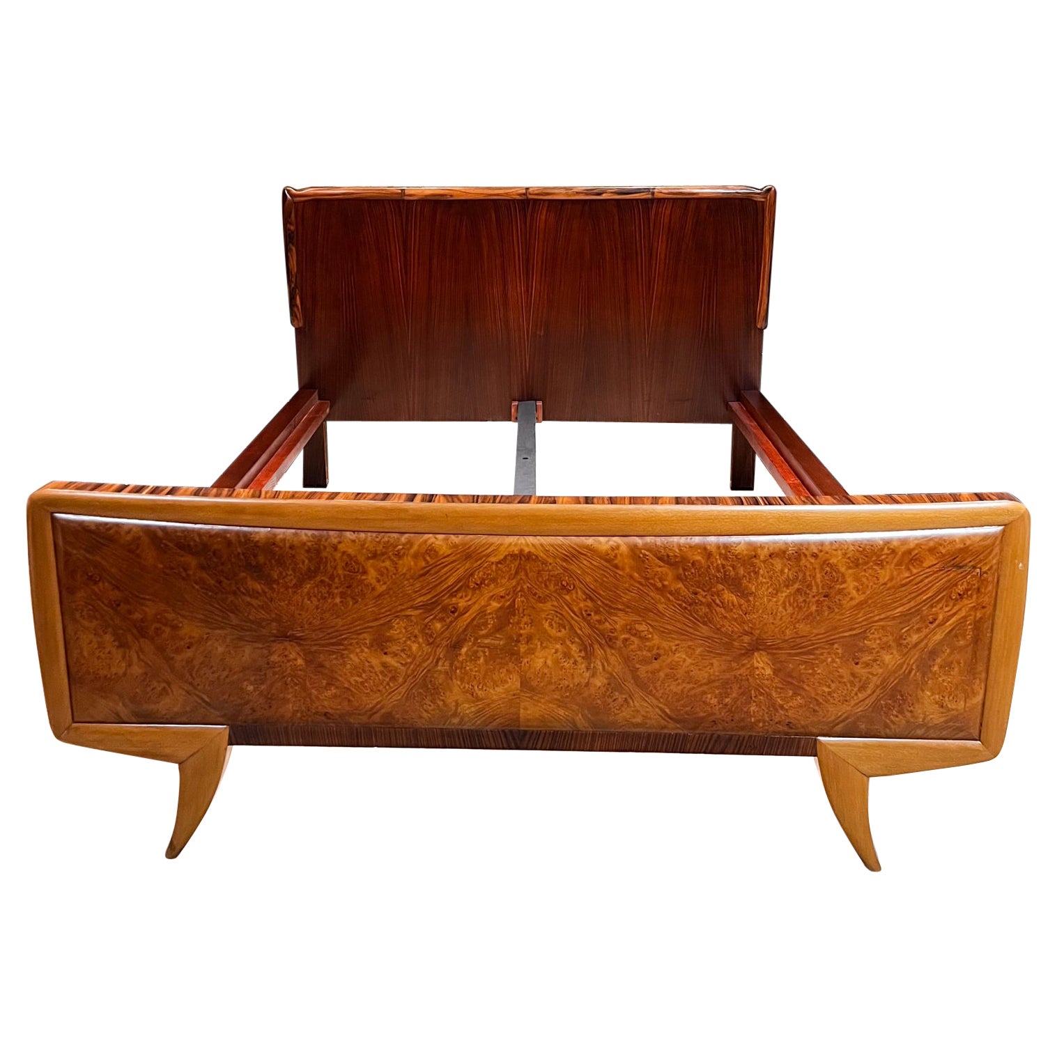 1950s Art Deco Exquisite Queen Italian Bed Two-tone Exotic Wood Italy