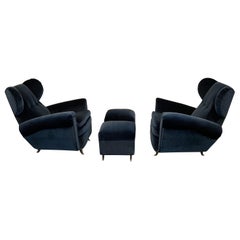 1960s Mid-Century Italian Wingback Chairs and Ottomans in Mohair 