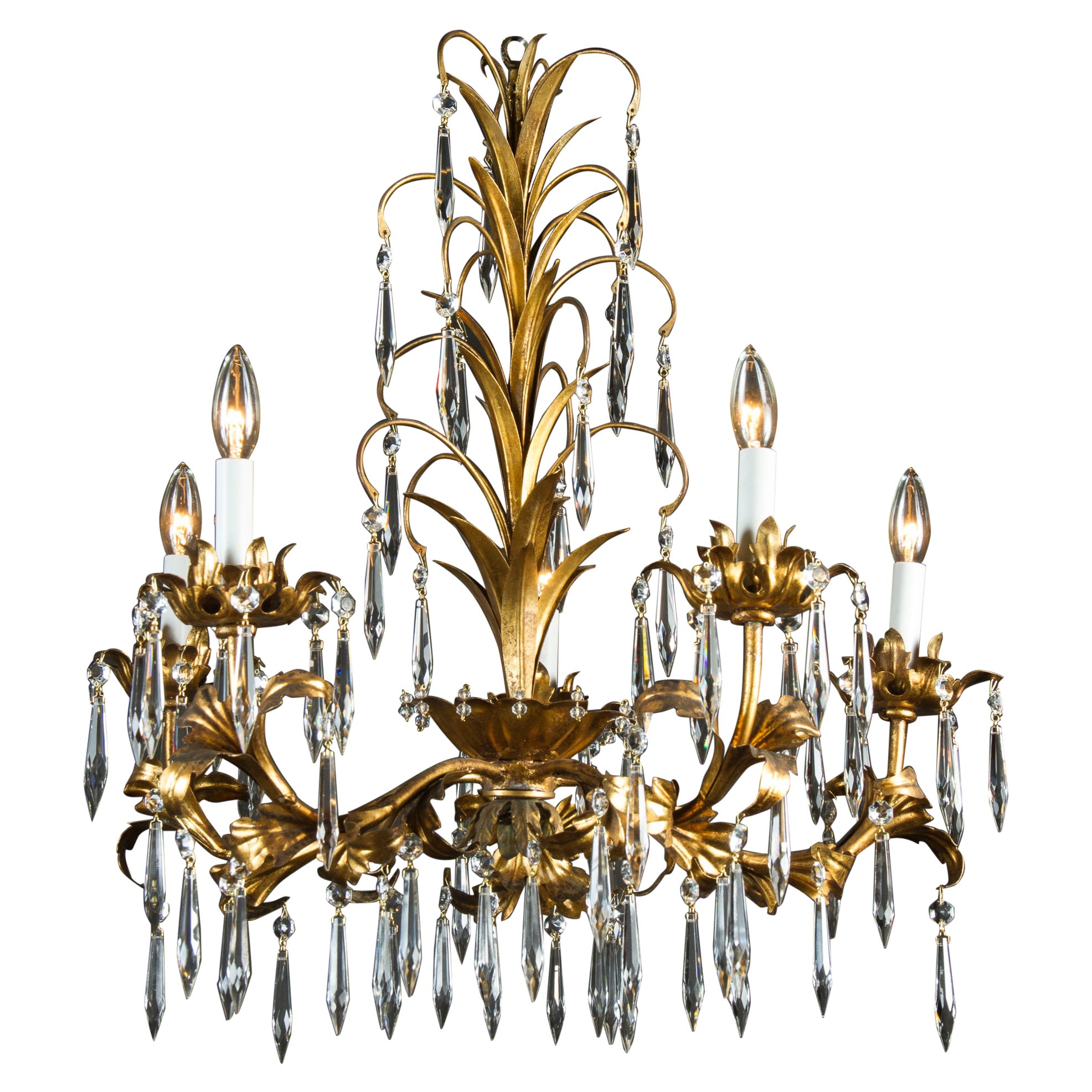 Italian Crystal and Gilded Tole Floral Chandelier, Mid-20th Century For Sale