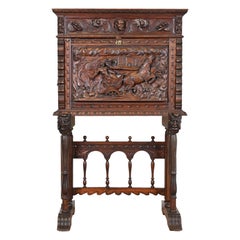 Spanish Baroque Renaissance Carved Walnut Bargueño Desk or Bar Cabinet