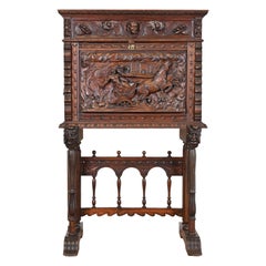 Antique Spanish Baroque Renaissance Carved Walnut Bargueño Desk or Bar Cabinet