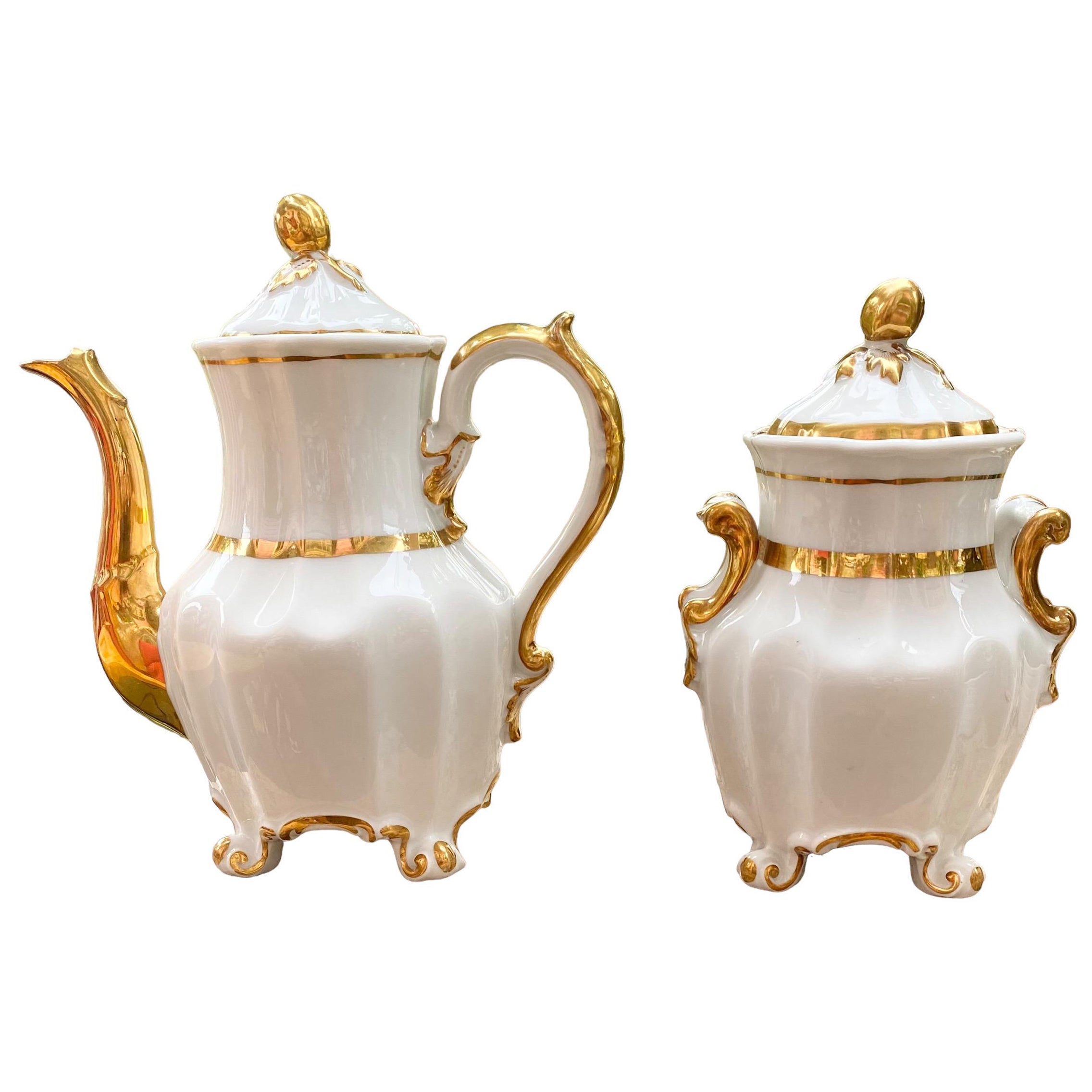 Antique 1850's Limoges Coffee Pot & Lidded Sugar Bowl Gold Squash Blossom For Sale