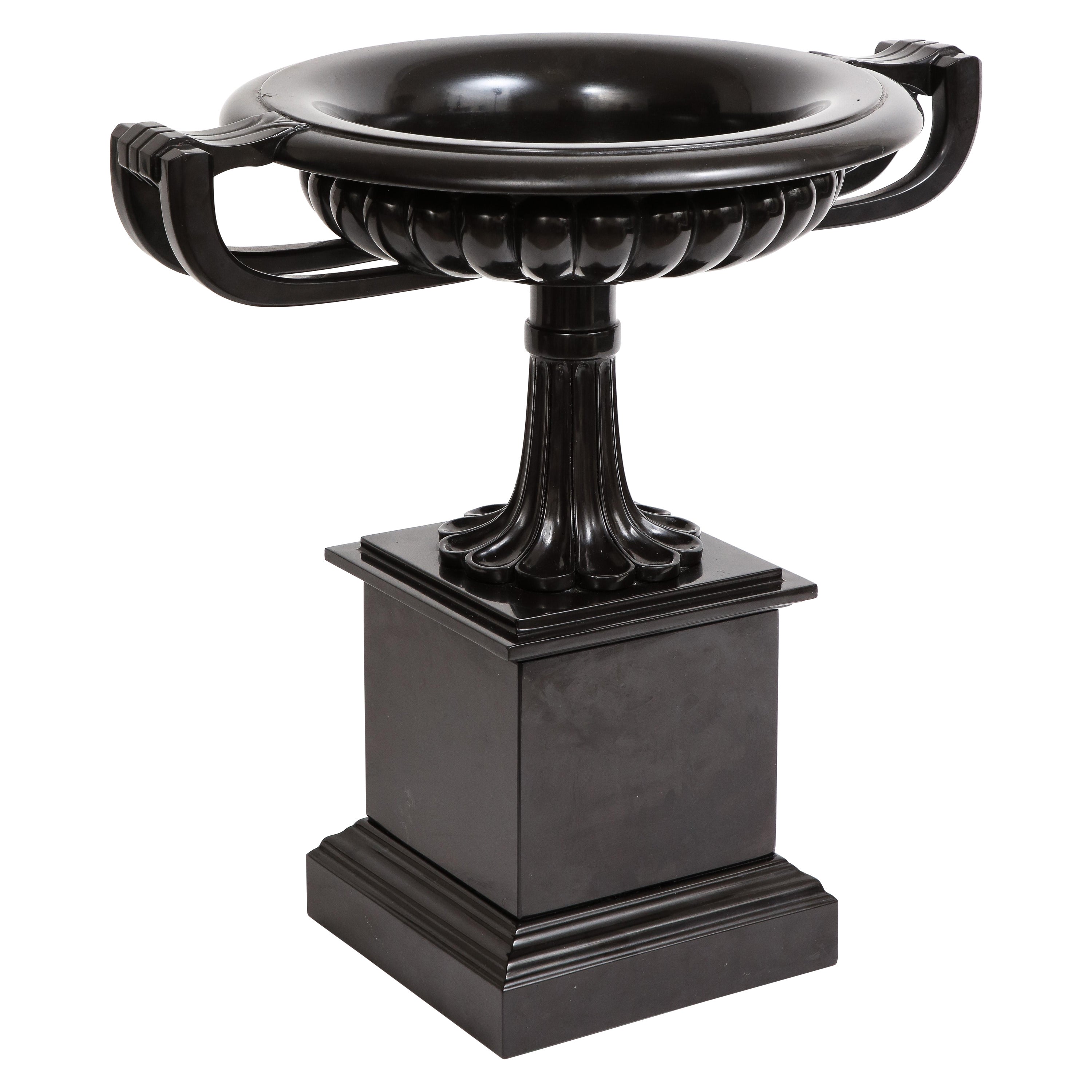 English Grand Tour Black Marble Pedestal 2-Handled Centerpiece/Tazza, 1800s