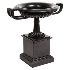 Antique English Grand Tour Black Marble Pedestal 2-Handled Centerpiece/Tazza, 1800s