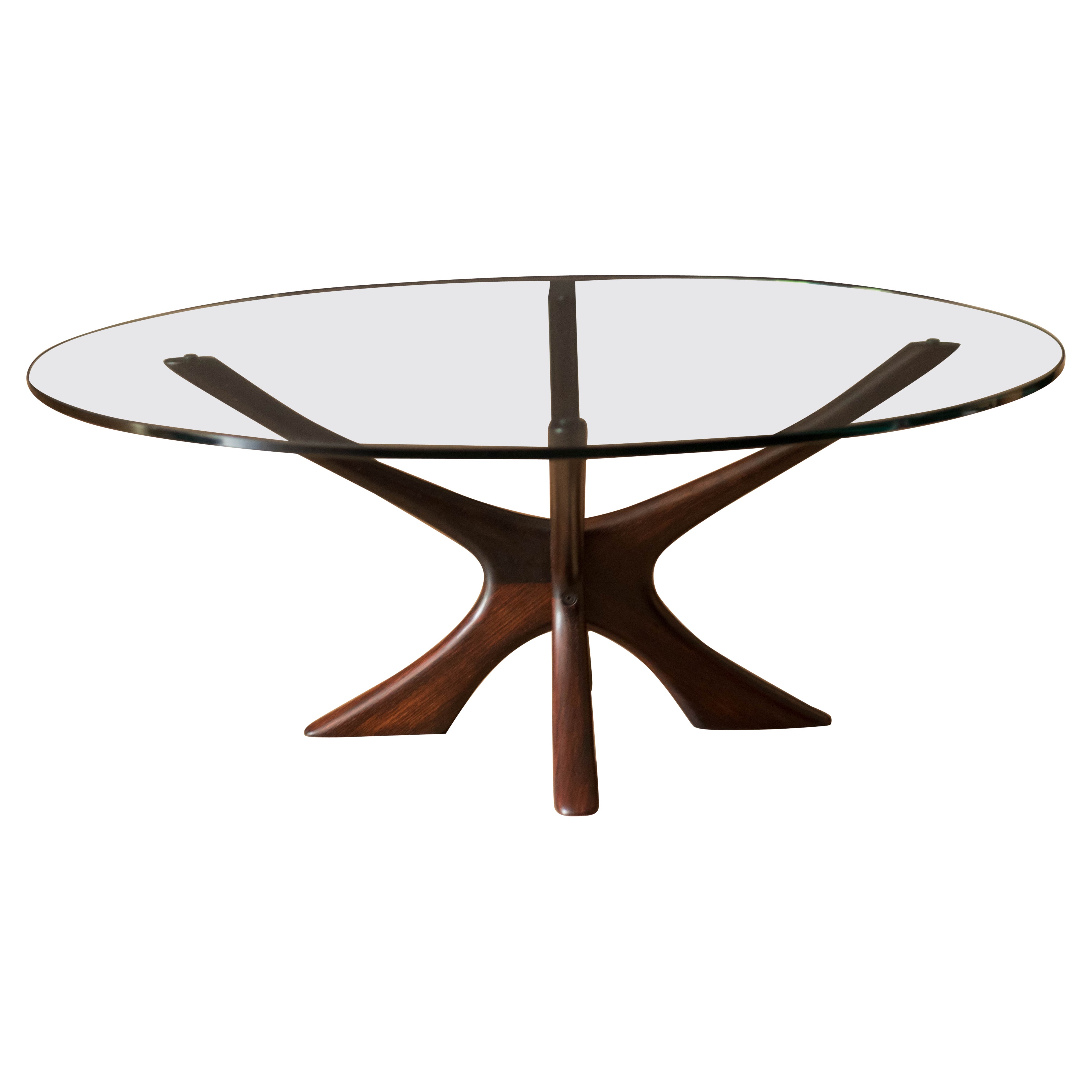 Vintage Sculptural Rosewood and Round Glass Coffee Table by Illum Wikkelsø For Sale