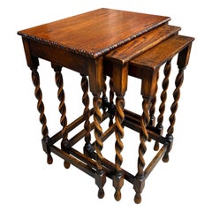 Set 3 Antique English Nesting Table End Sofa Table Barley Twist Tiger Oak Petite