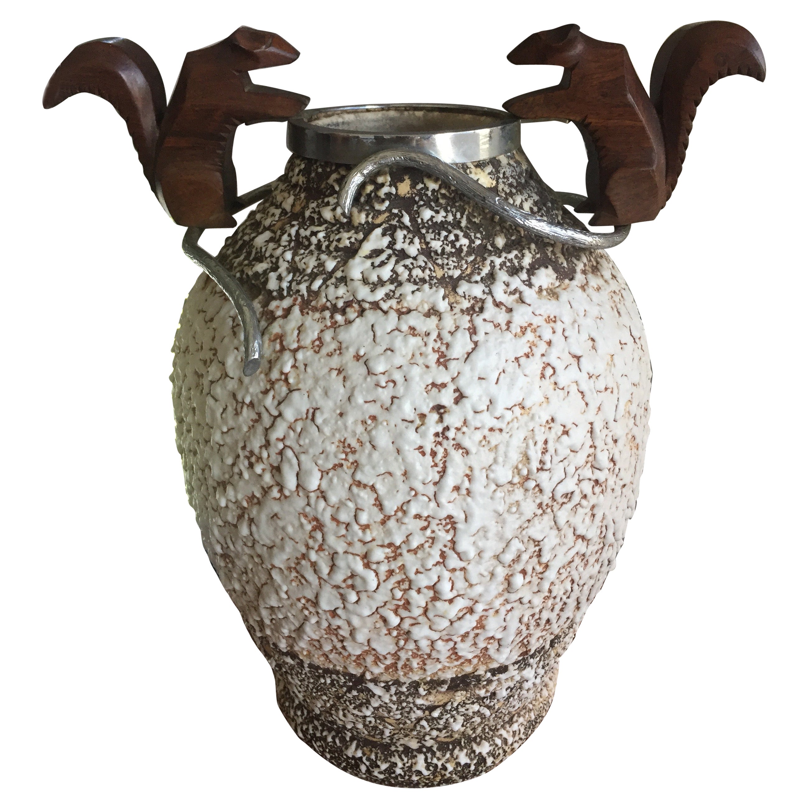 André Villien Art Deco Ceramic Vase with Silver Bronze Trim, 1930 For Sale