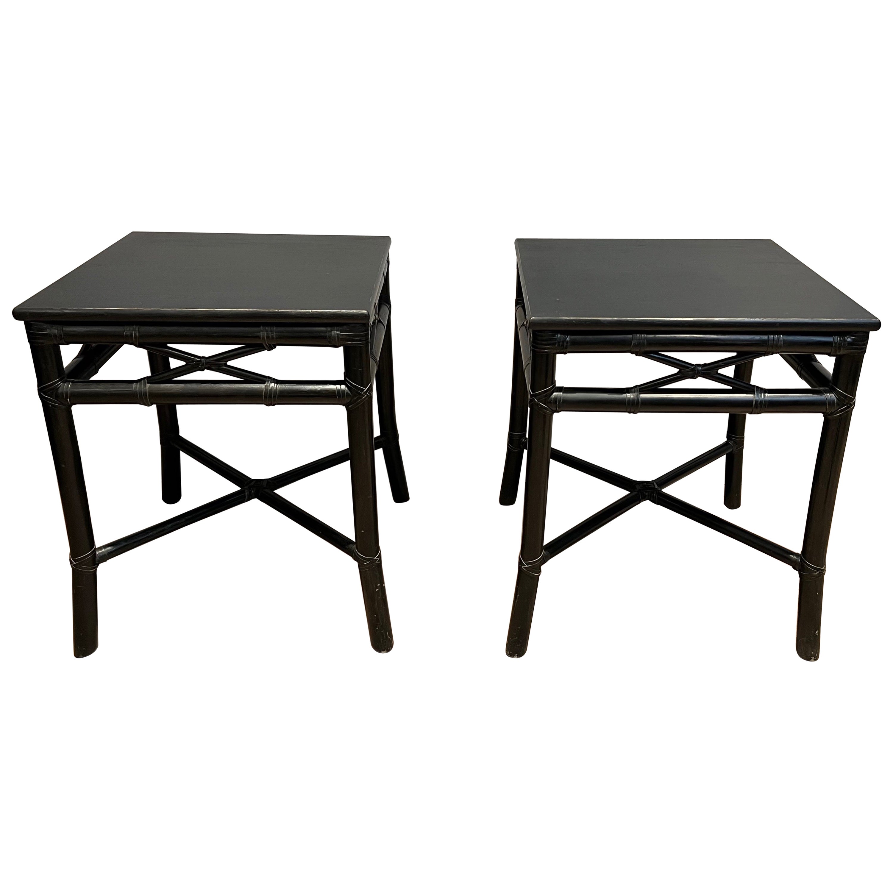 Pair of Black Lacquered Faux-Bamboo Side Tables by Gasparucci For Sale