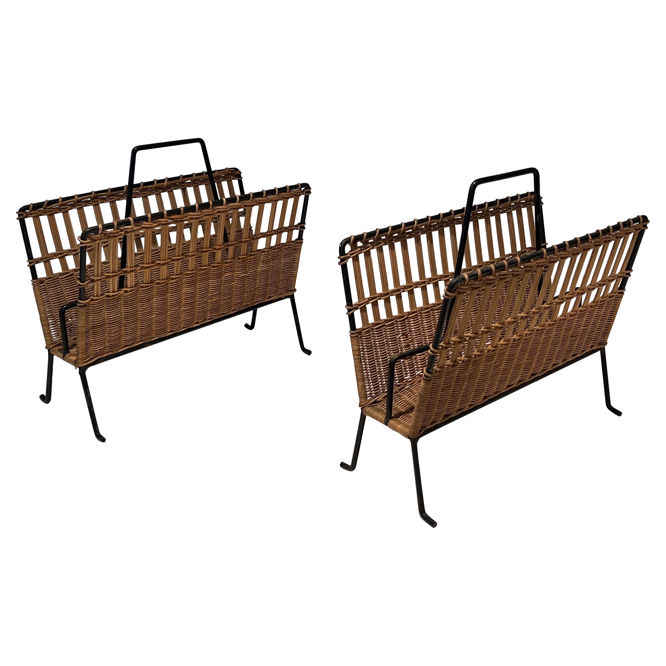 Pair of Rattan and Black Lacquered Magazine Rack For Sale