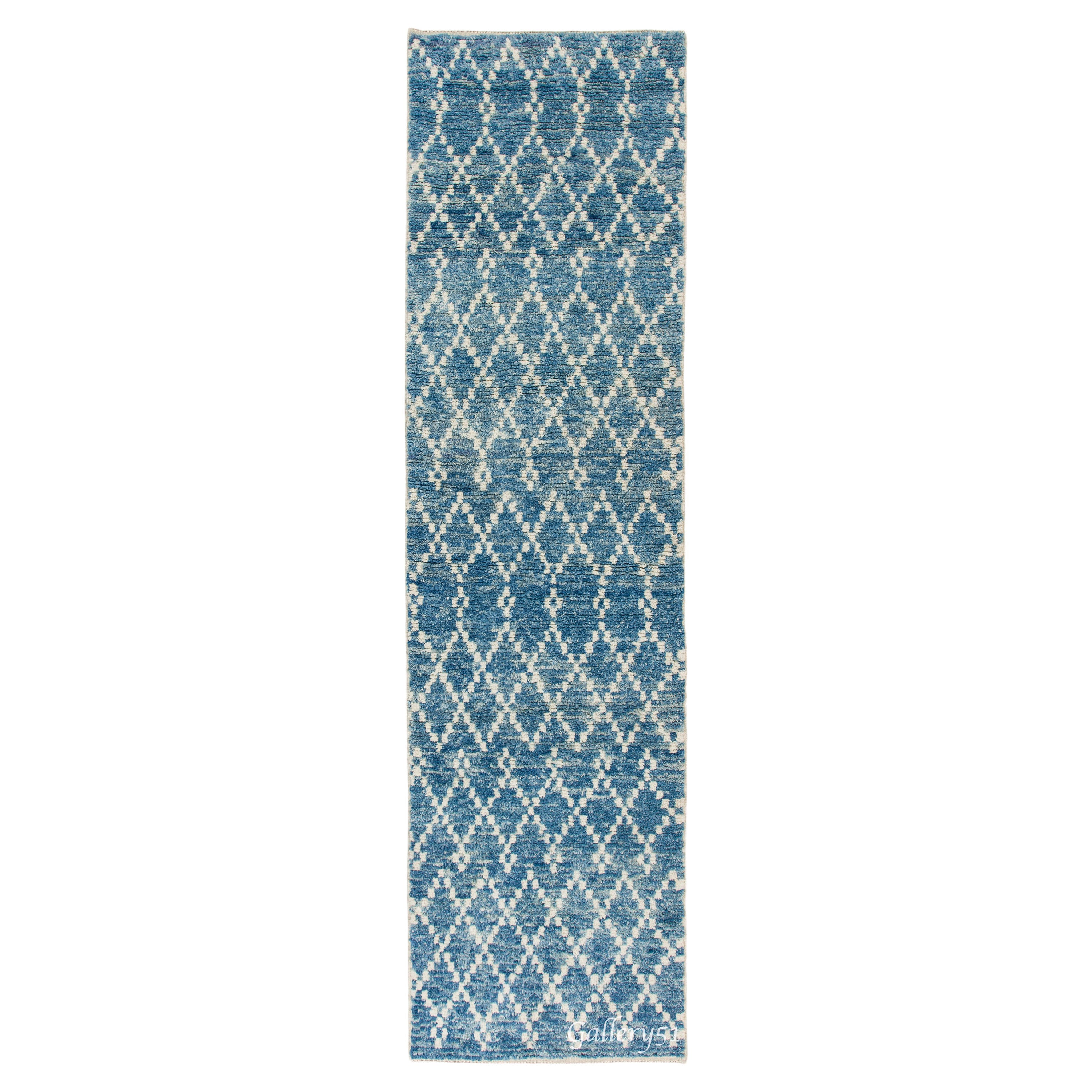 3.8x13.8 ft Modern Moroccan Runner Rug in Light Blue. Handmade Corridor Carpet For Sale