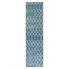 3.8x13.8 ft Modern Moroccan Runner Rug in Light Blue. Handmade Corridor Carpet