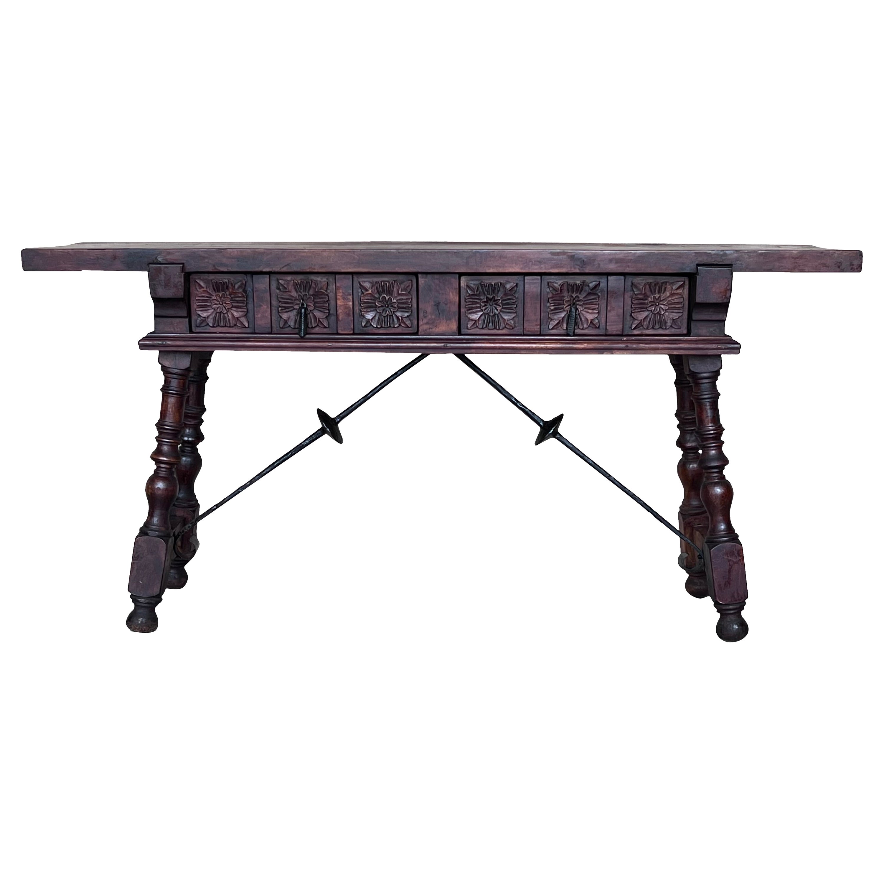 19th Spanish Console Table with Two Carved Drawers and Original Hardware