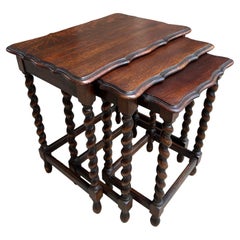 Set 3 Antique English Nesting Table End Sofa Table Barley Twist Tiger Dark Oak