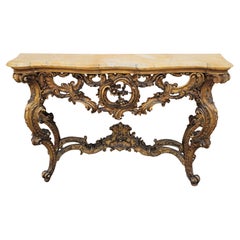 Console in Carved Golden Wood and Marble, Louis XV Style, Xixth Century