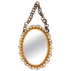 Midcentury Bamboo and Rattan Oval Wall Mirror with Chain, Italy, 1960s