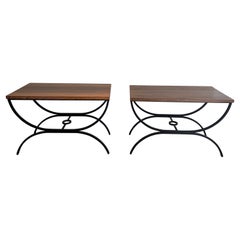 Pair of Black Lacquered Metal and Exotic Wood Side Tables