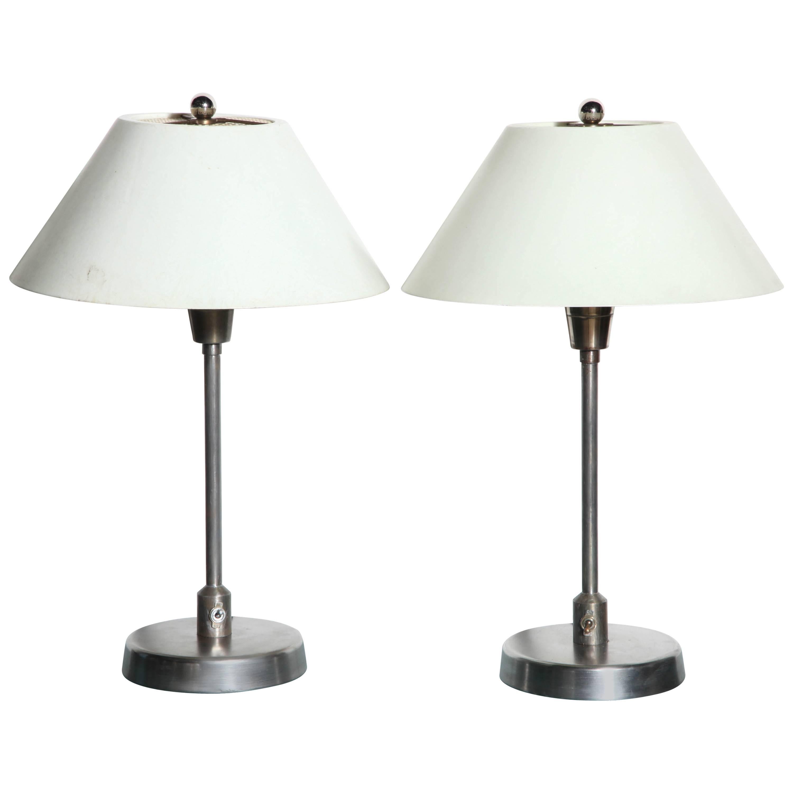 Pair of Steel Table Lamps with Cream Fiberglass Shades, 1950's For Sale