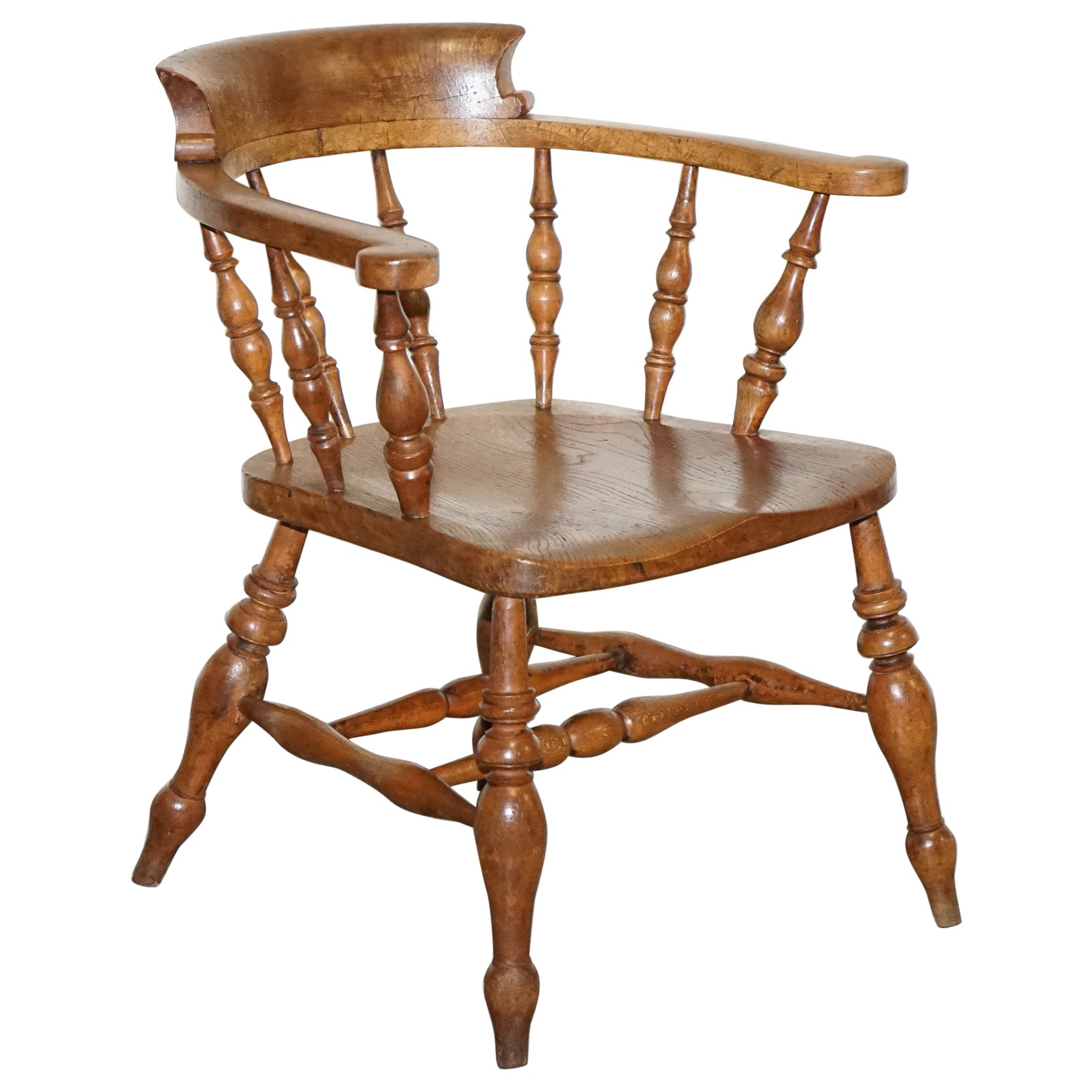 Gorgeous Patina Edwardian Solid Elm Bow Back Smokers Captains Chair For Sale