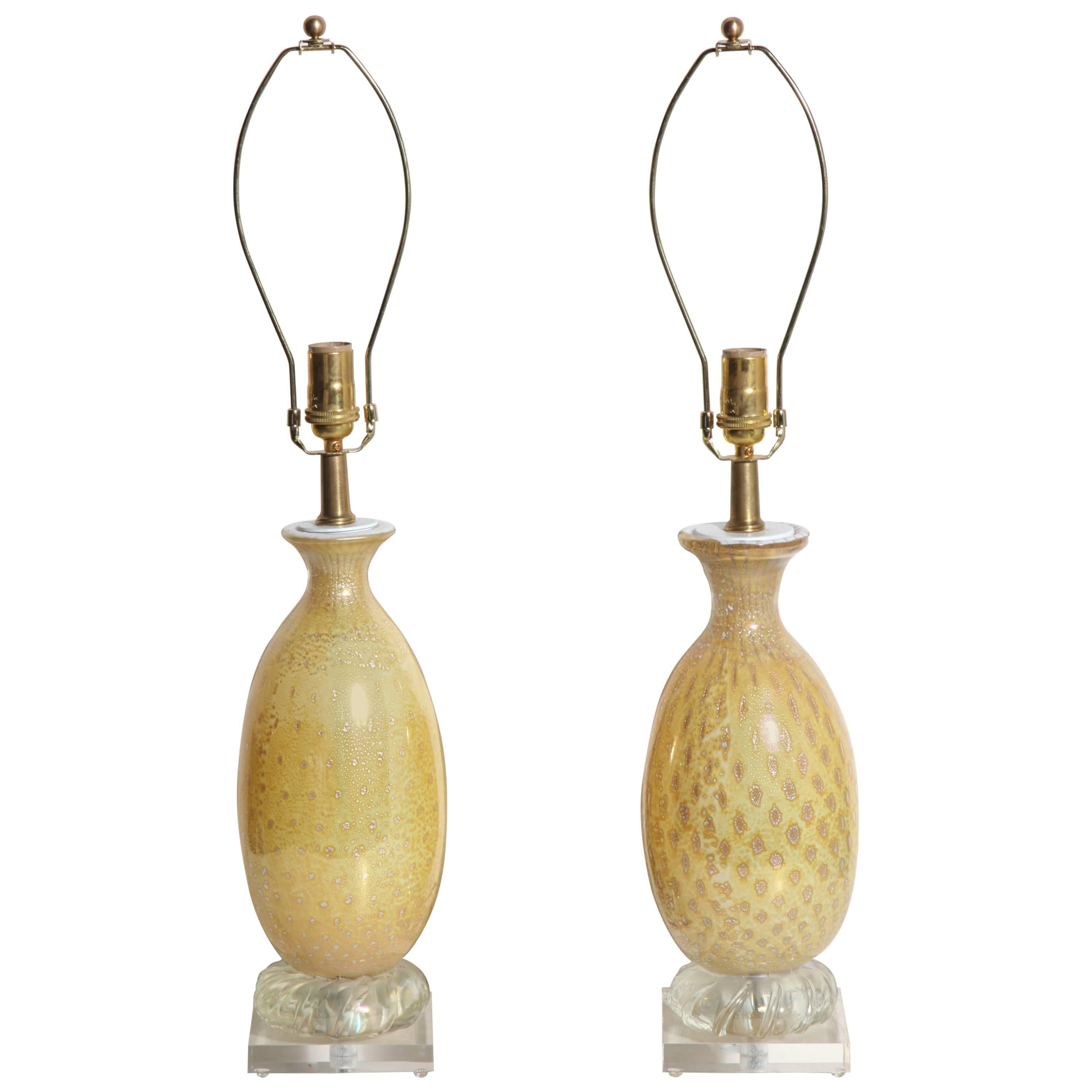 Pair Yellow & White Murano Glass Table Lamps with Silver inclusions, 1950s 