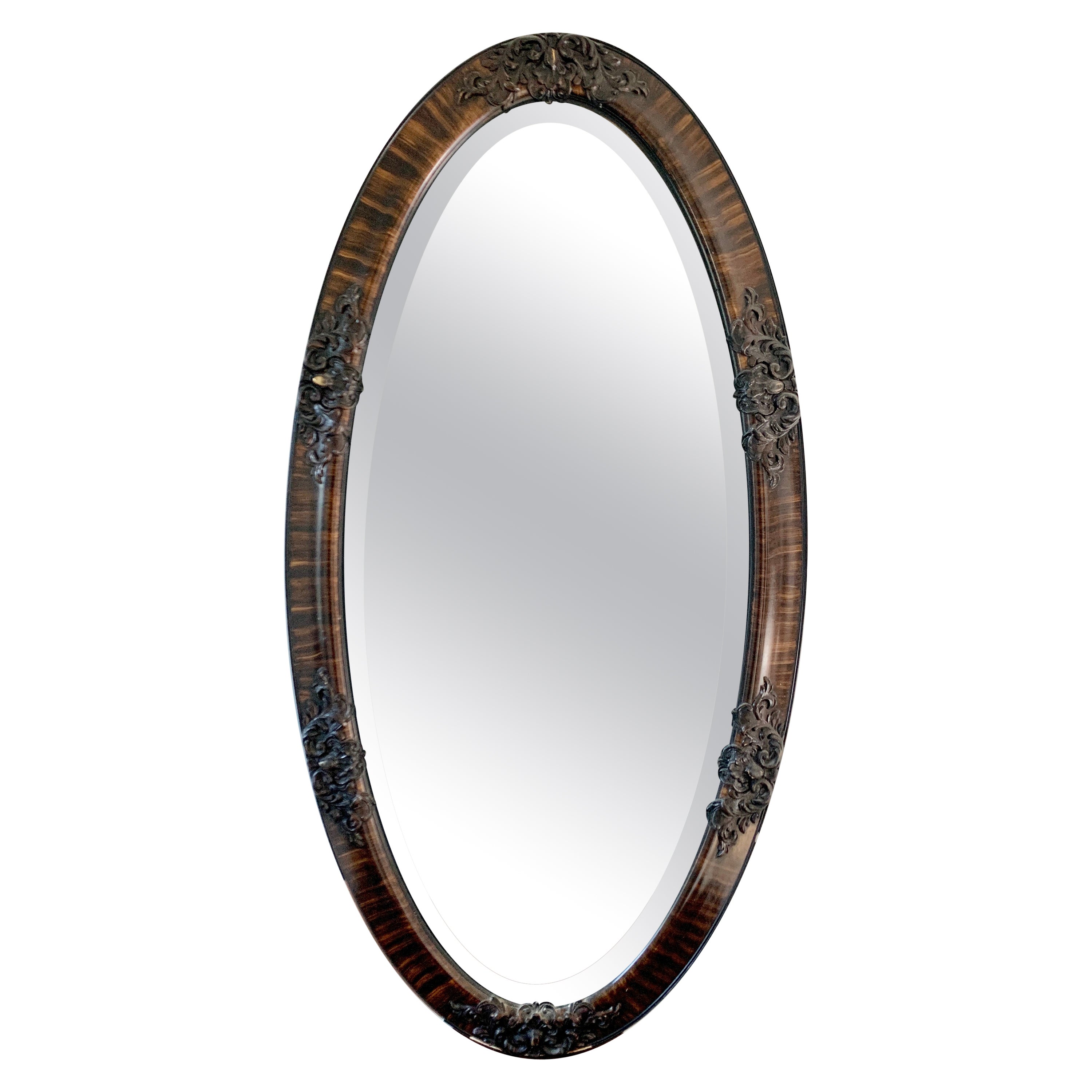 Antique Victorian Tiger Oak Beveled Oval Wall Mirror, Late 19th Century For Sale