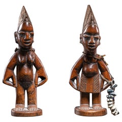 Yoruba-Egba couple of Ere Ibeji Twin Figures signed by Akinyode, Yoruba People 
