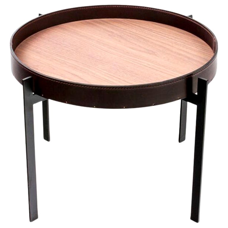 Mocca Leather and Walnut Wood Single Deck Table by Ox Denmarq For Sale
