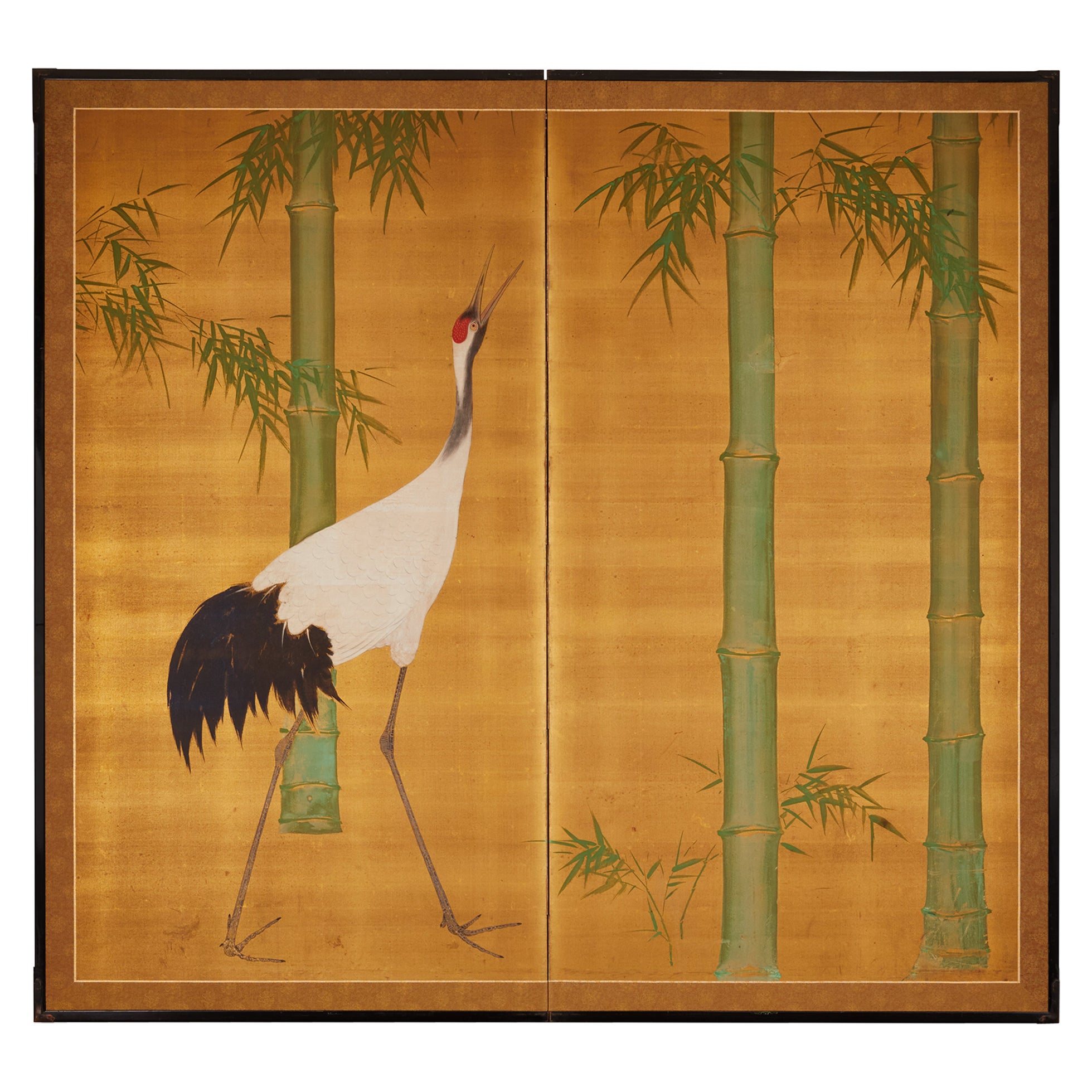 Japanese Two Panel Screen: Bamboo and Manchurian Crane For Sale
