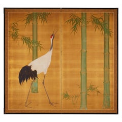 Antique Japanese Two Panel Screen: Bamboo and Manchurian Crane