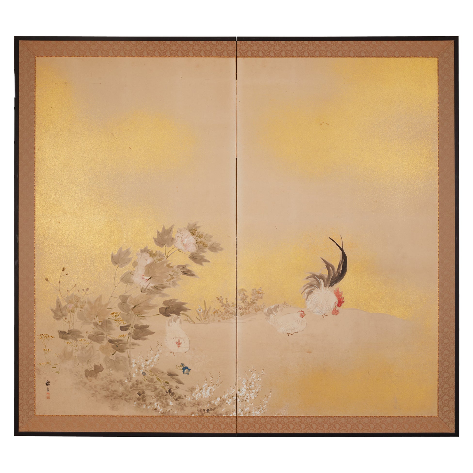 Japanese Two Panel Screen: Rooster and Hens in Windswept Landscape For Sale