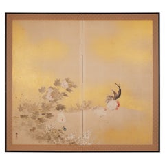 Antique Japanese Two Panel Screen: Rooster and Hens in Windswept Landscape