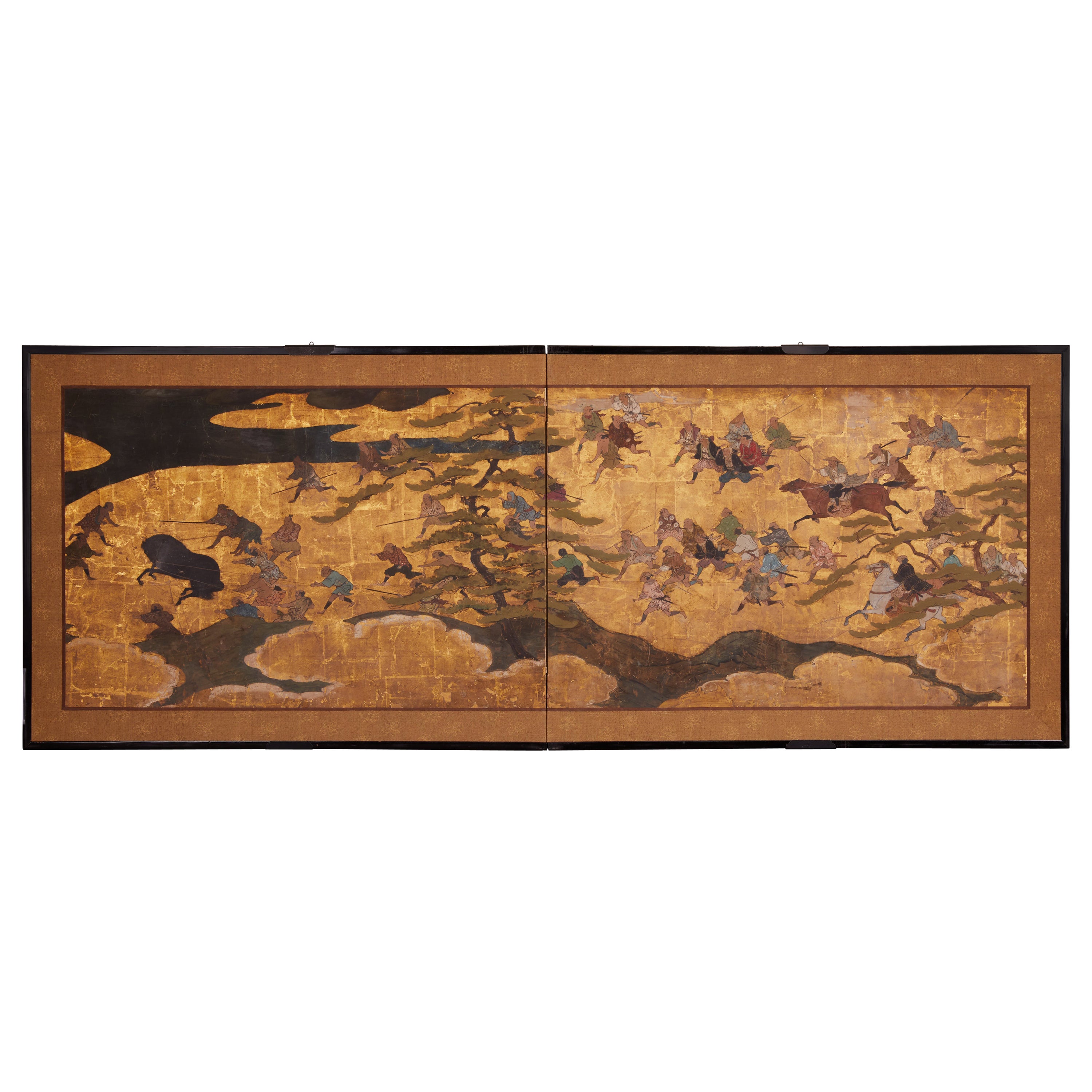 Japanese Two Panel Screen: Horse Roundup For Sale