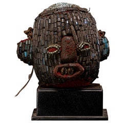 Bamileke Old Anthropomorphic Trophy Head Embroidered with European Glass Beads