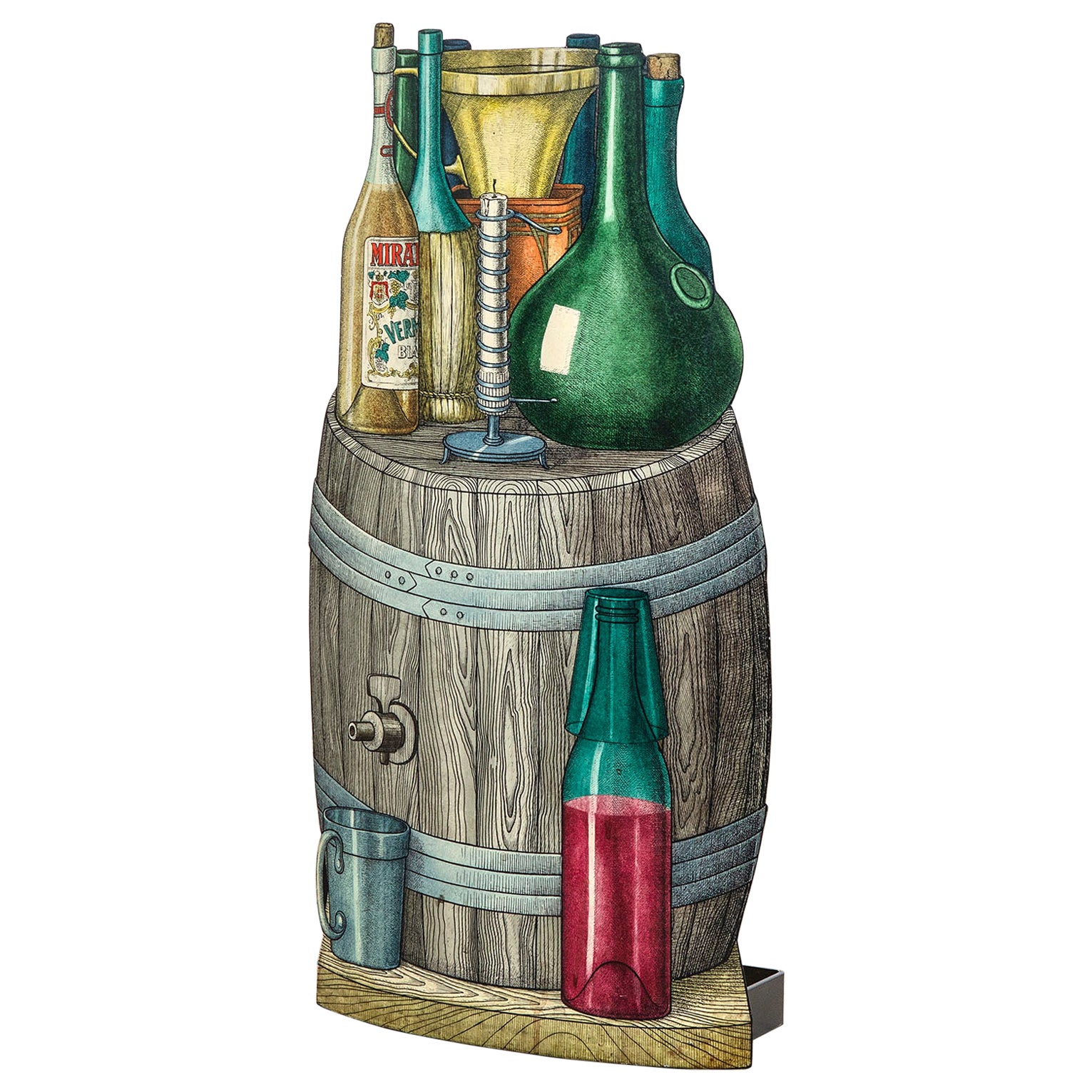 Porte-parapluies Piero Fornasetti du 20ème siècle sur le thème des bouteilles de vin en métal imprimé