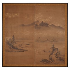 Japanese Two Panel Screen, Ink Landscape on Paper with Gold Dust