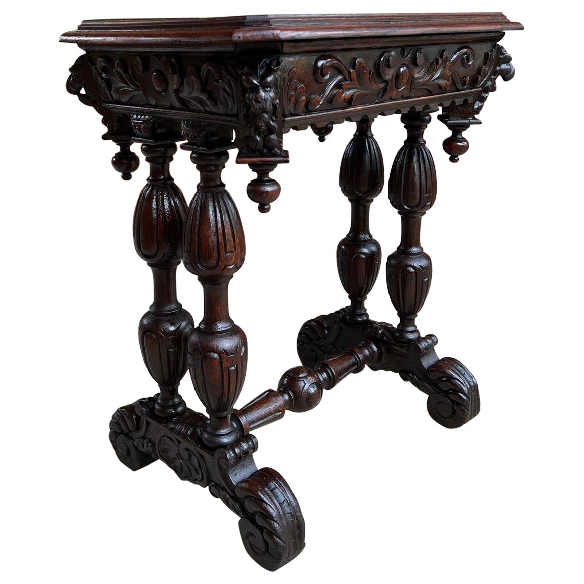 Antique French Side Table Petite Renaissance Carved Oak Trestle Desk Craft Table For Sale