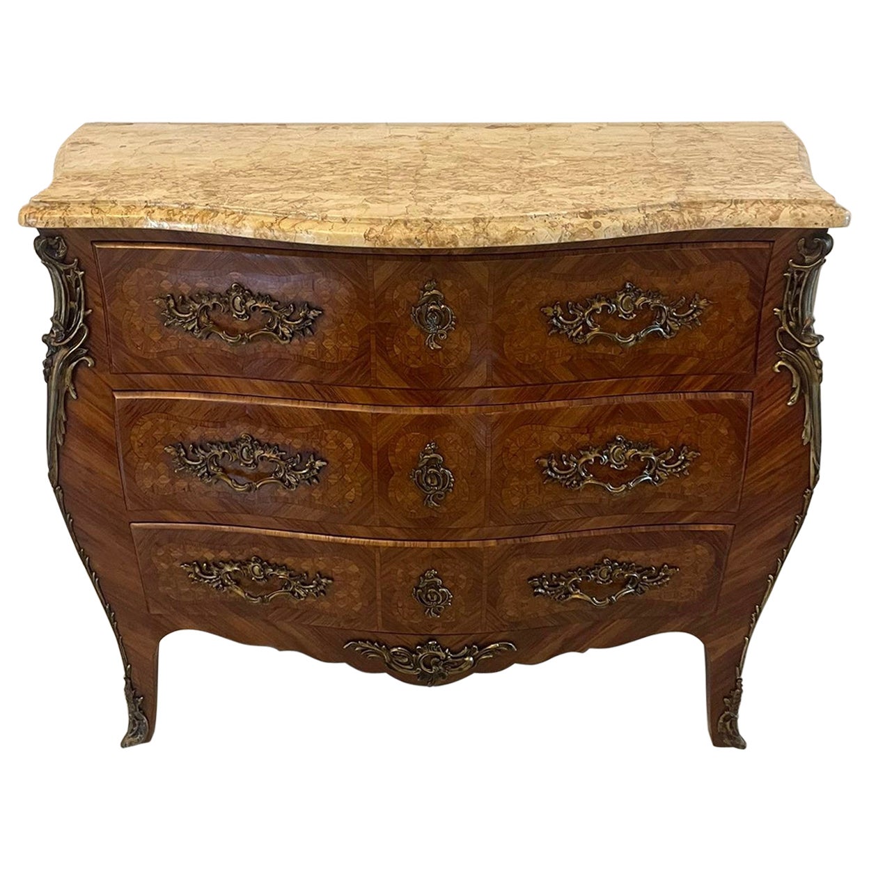 Antique Victorian Quality French Parquetry Marble Top Commode Chest of Drawers For Sale