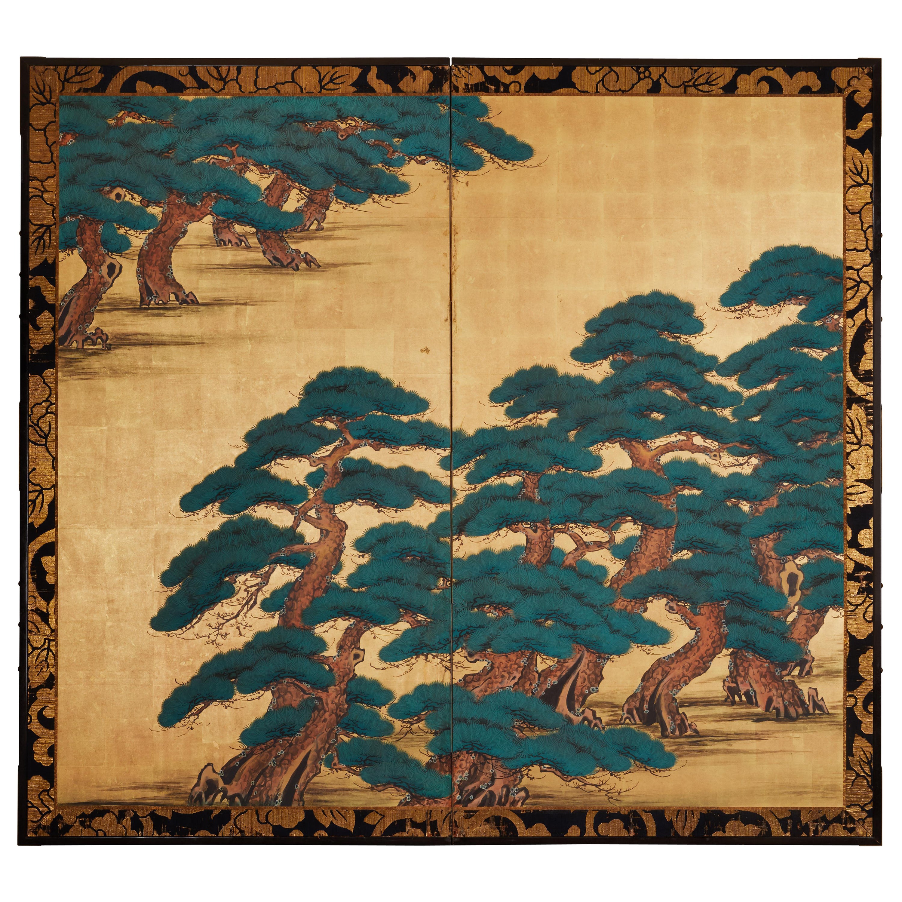 Japanese Two Panel Screen: Pine on Heavy Gold For Sale