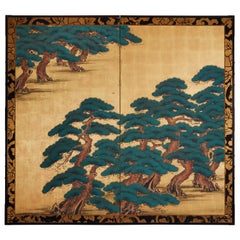 Antique Japanese Two Panel Screen: Pine on Heavy Gold