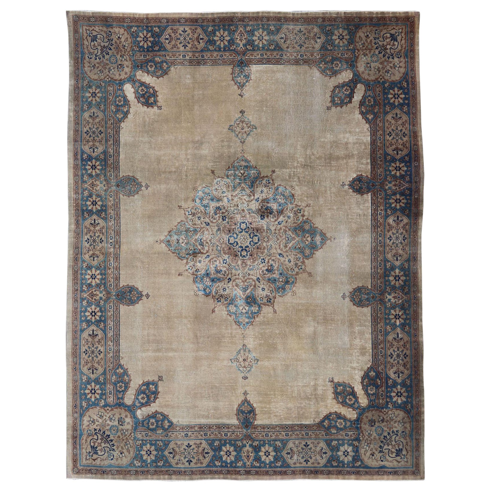 Antique Hand Knotted Amritsar Carpet in Taupe, Light Brown and Blue Accent's For Sale